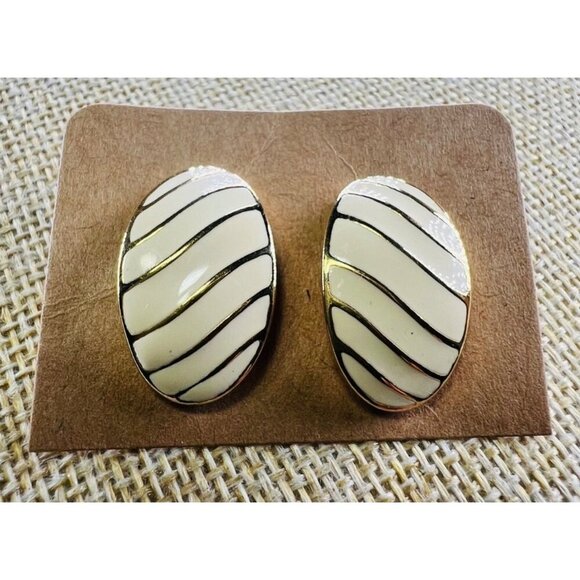 Vintage Napier Gold Tone Enamel Striped Oval Stud Pierced Earrings - Picture 1 of 6